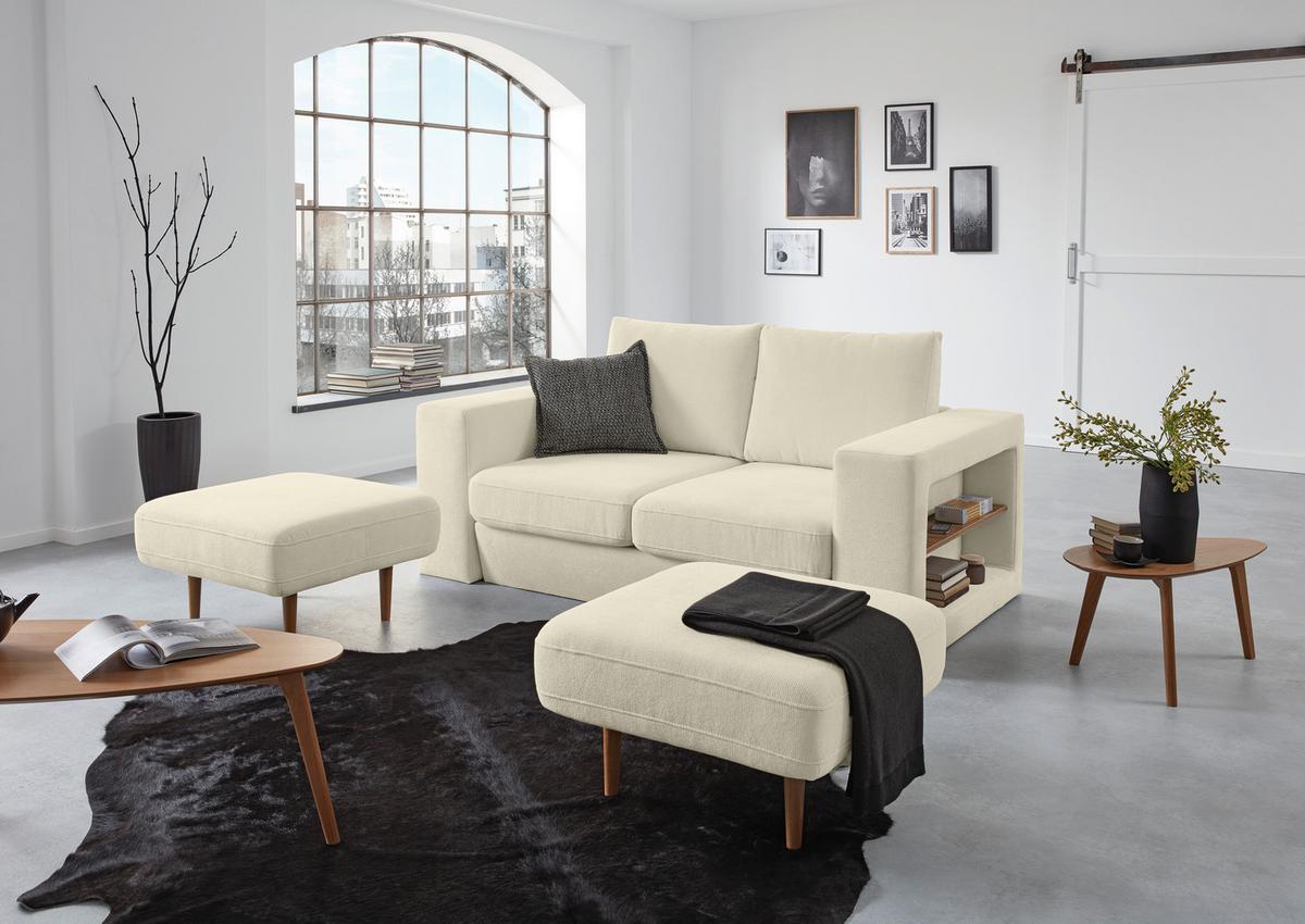 2,5-Sitzer-Sofa Looks Mit Hocker In Creme Beine Eiche - Eichefarben/Creme, Design, Textil (192/96/107cm) - LOOKS by W.Joop