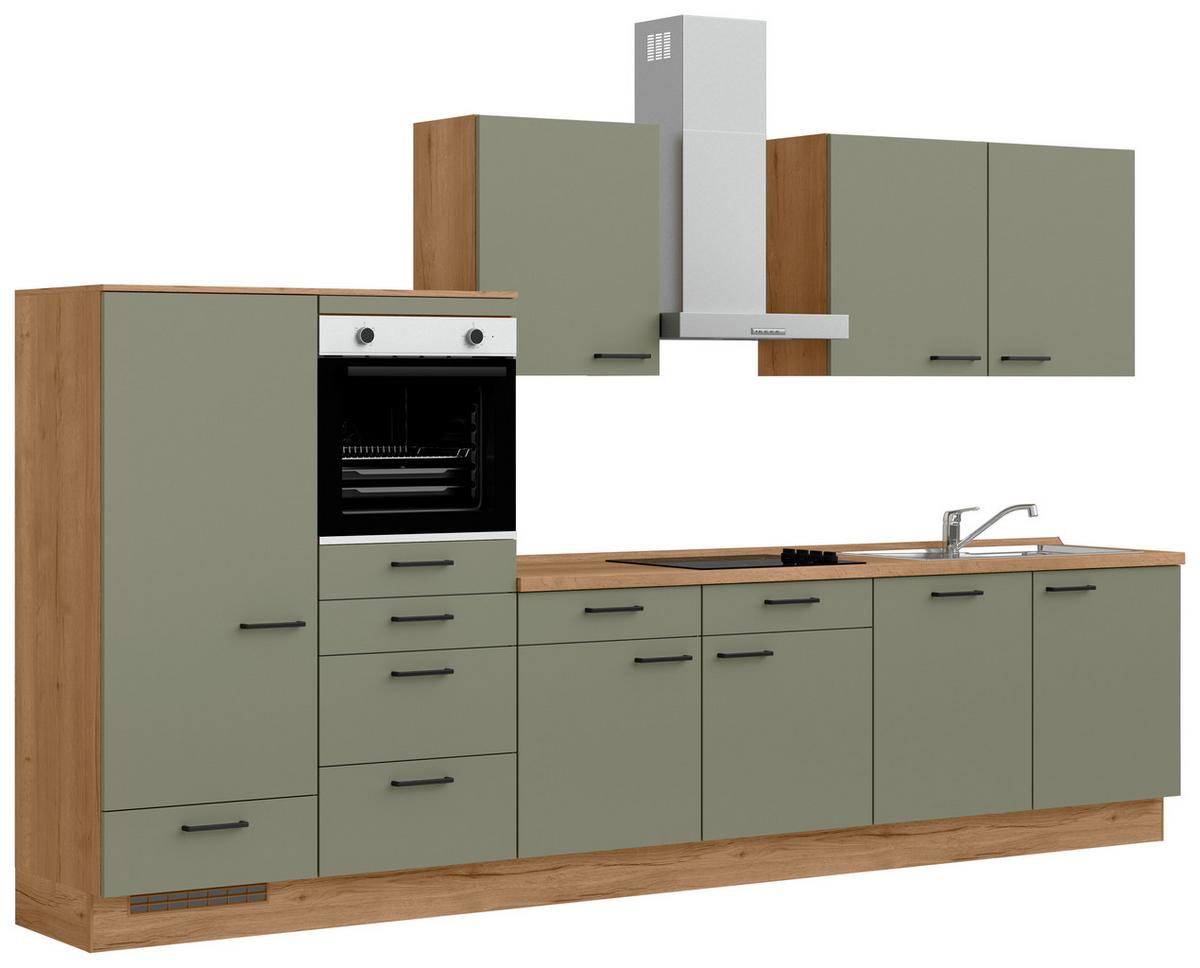 Kuchyňská linka 360 cm, olivově zelená - barvy dubu/černá, Moderní, kov/kompozitní dřevo (360cm) - Nobilia