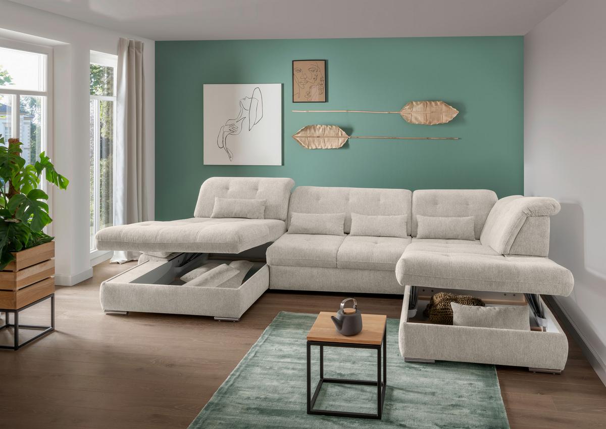 Wohnlandschaft Dalida Beige U: 195x376x254 Cm - Chromfarben/Beige, Design, Textil (195/376/254cm) - Livetastic