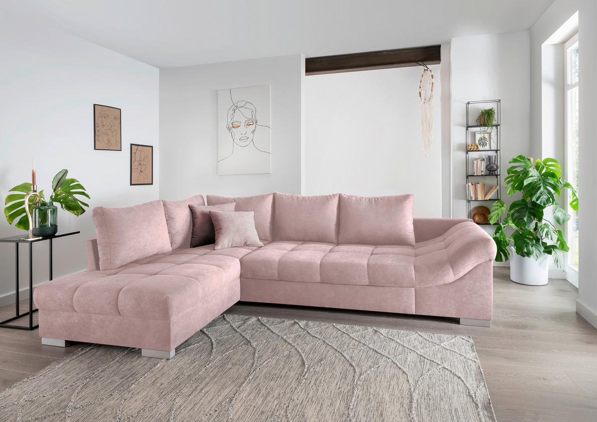Eckschlafsofa Alvito Rosa S: 202/298 cm - Silberfarben/Rosa, Design, Textil (202/298cm) - MID.YOU