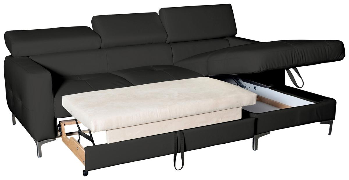 Ecksofa Mit Schlaffunktion Sammy Schwarz - Chromfarben/Schwarz, Design, Leder (227/168cm) - Livetastic