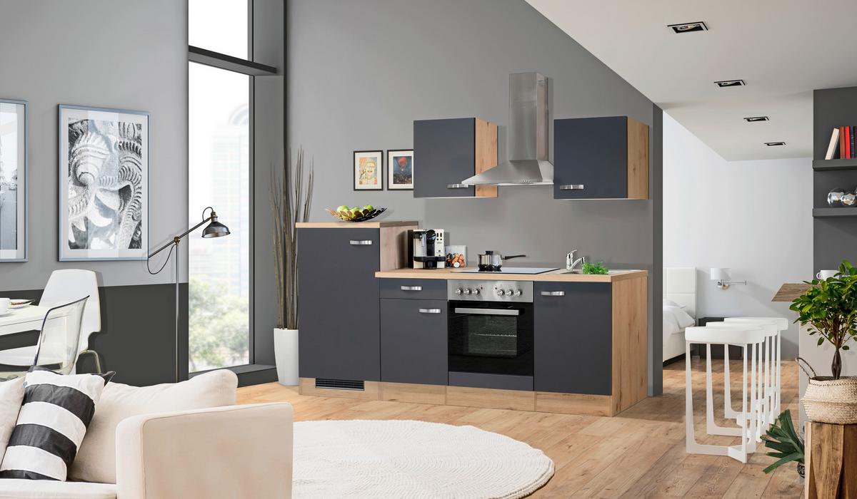 Kuchyňský blok SHADOW vč.4 spotřebičů, šířka 220 cm - dub San Remo/tmavě šedá, Moderní, kov/kompozitní dřevo (220/200/60cm)