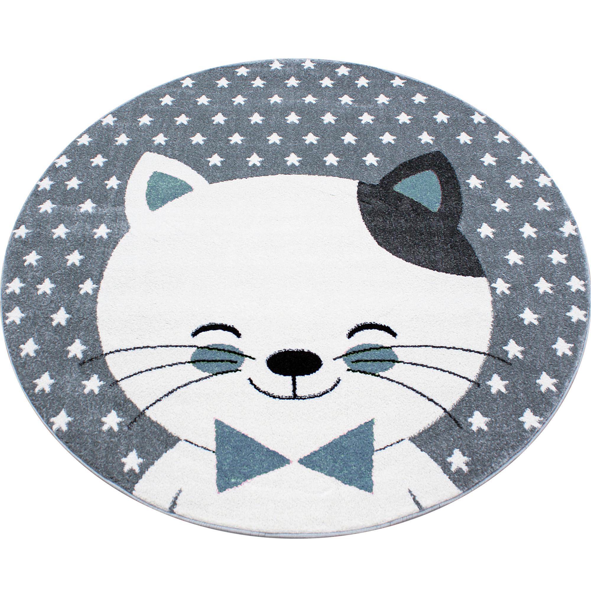Kinderteppich rund Katze Blau/Grau/Weiß Kids Ø 160 cm