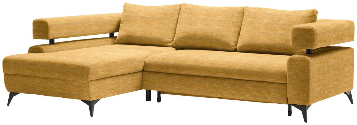 Rohová sedačka ROSALIE, levá s úložným priestorom a lôžkom - curry žlutá/černá, Konvenční, kov/textil (184/265cm)