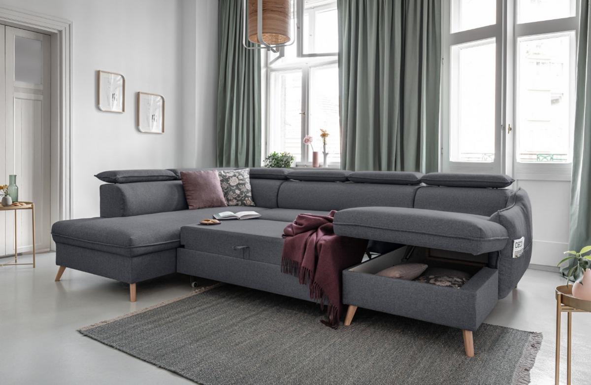 Rozkladacia sedačka Simone, ľavé prevedenie - prírodná farba/tmavosivá, Modern, drevo/textil (321/82/95/208cm)