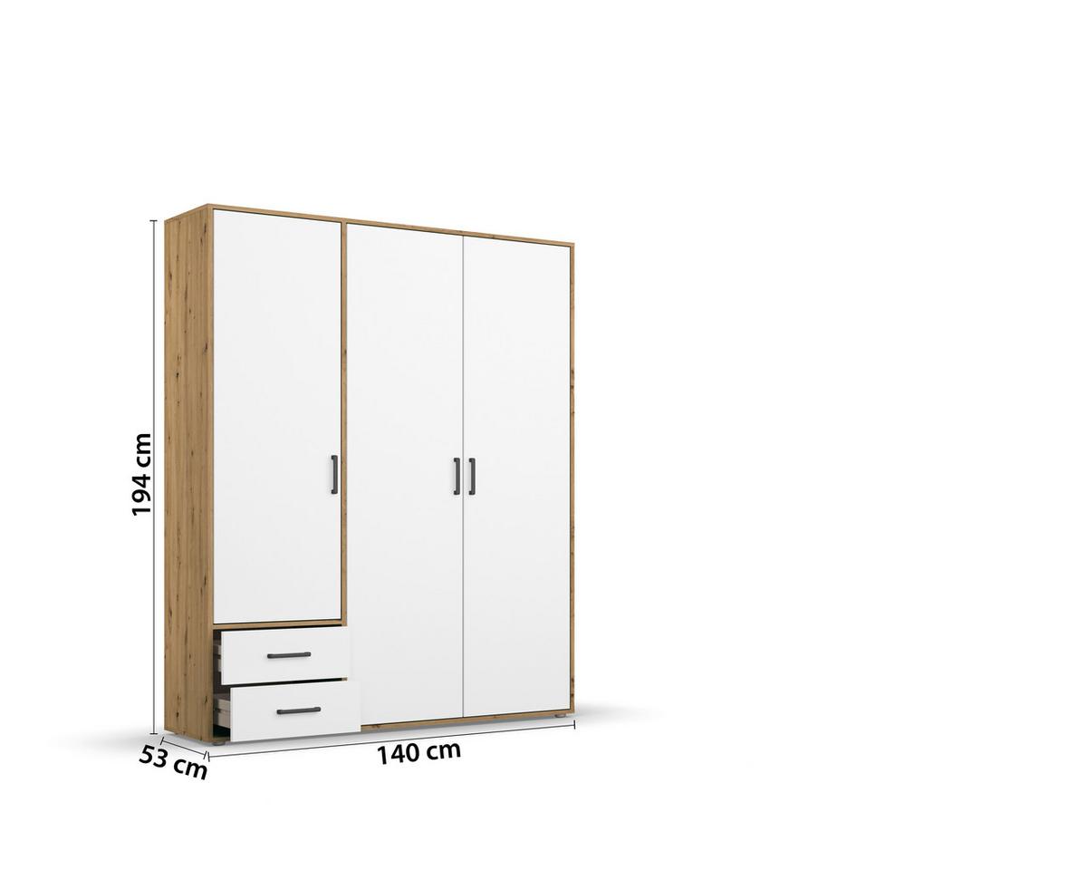 Drehtürenschrank Mit Schubladen 140cm Voyager - Weiß/Eiche Artisan, MODERN, Holzwerkstoff (140/194/53cm) - Rauch Möbel