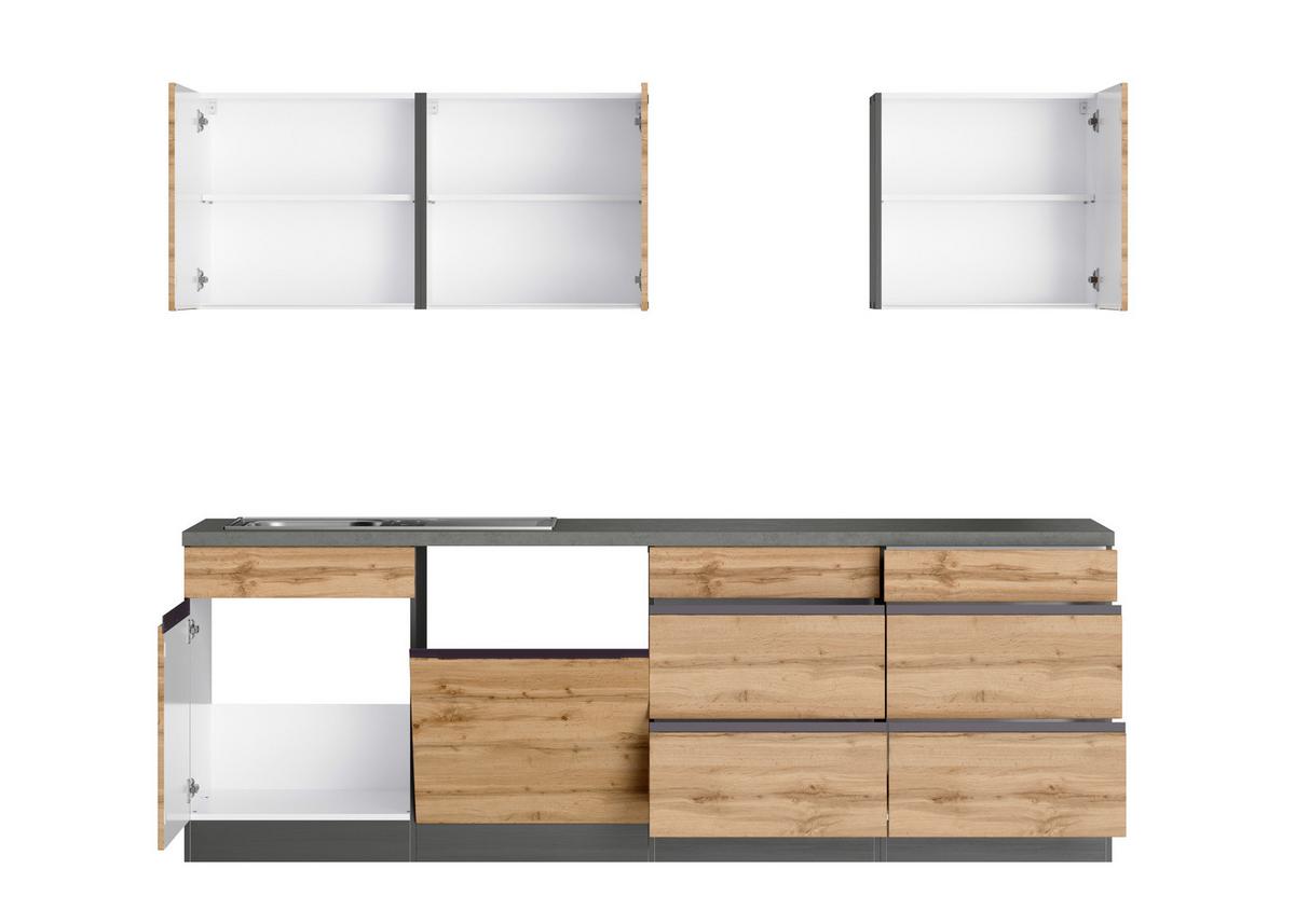 Zweizeilige Küche Turin 390 cm Graphitfarben/Eiche - Eiche Wotan/Graphitfarben, Design, Holzwerkstoff (390cm) - Held