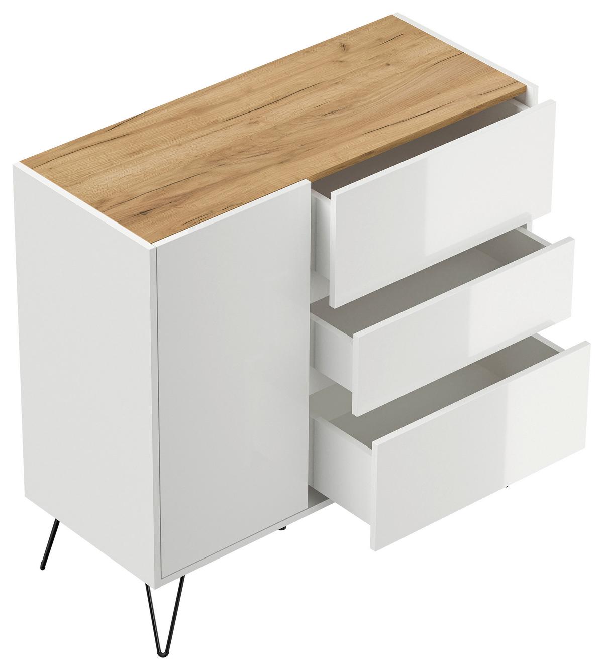 Sideboard Posseik Industrial Weiß/Eichefarben B: 99 cm - Weiß Hochglanz/Eichefarben, Design, Holzwerkstoff (99/93,6/42cm) - MID.YOU