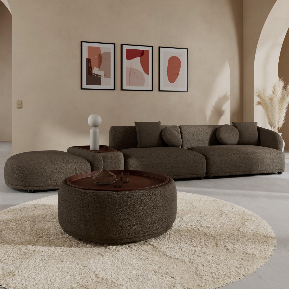 Rohová sedačka KIRA, hnědá žinylka, so stolíkem - černá/hnědá, Moderní, dřevo/textil (410/71/108cm) - Bessagi Home