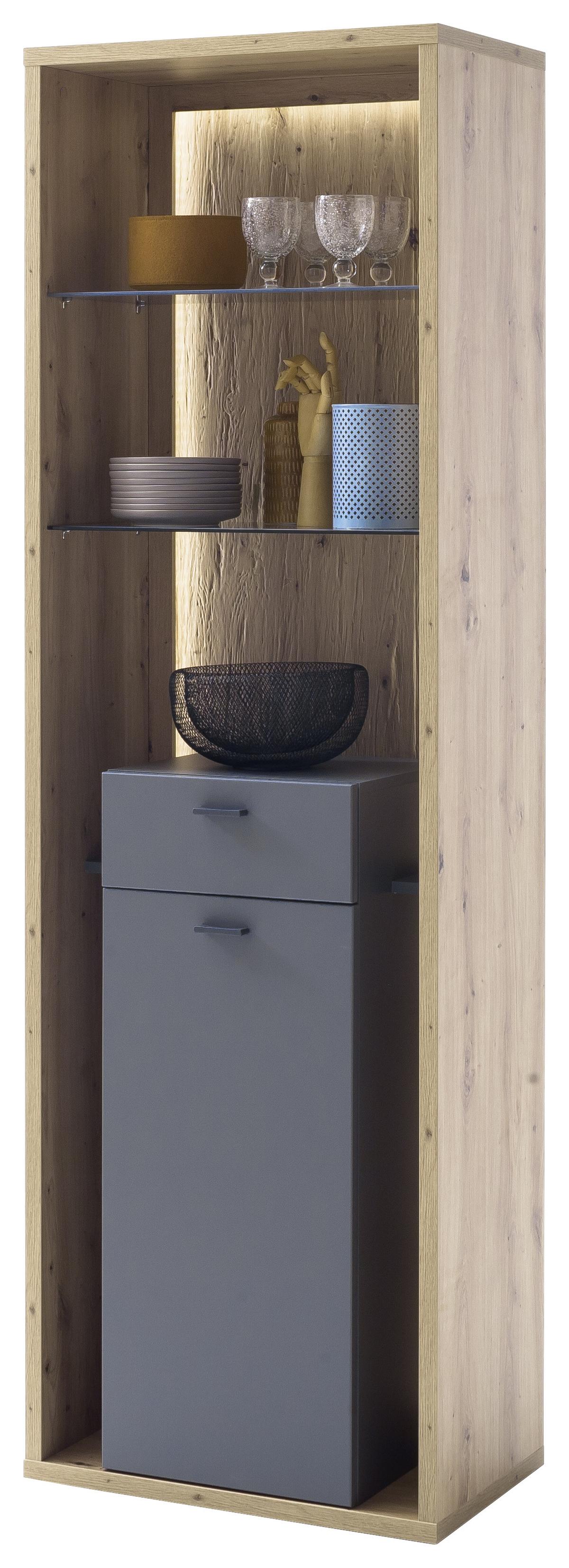Vitrine Lizzano B: 66 cm Grau/Eichefarben - Eichefarben/Grau, Design, Glas/Holzwerkstoff (66/209/40cm) - MID.YOU