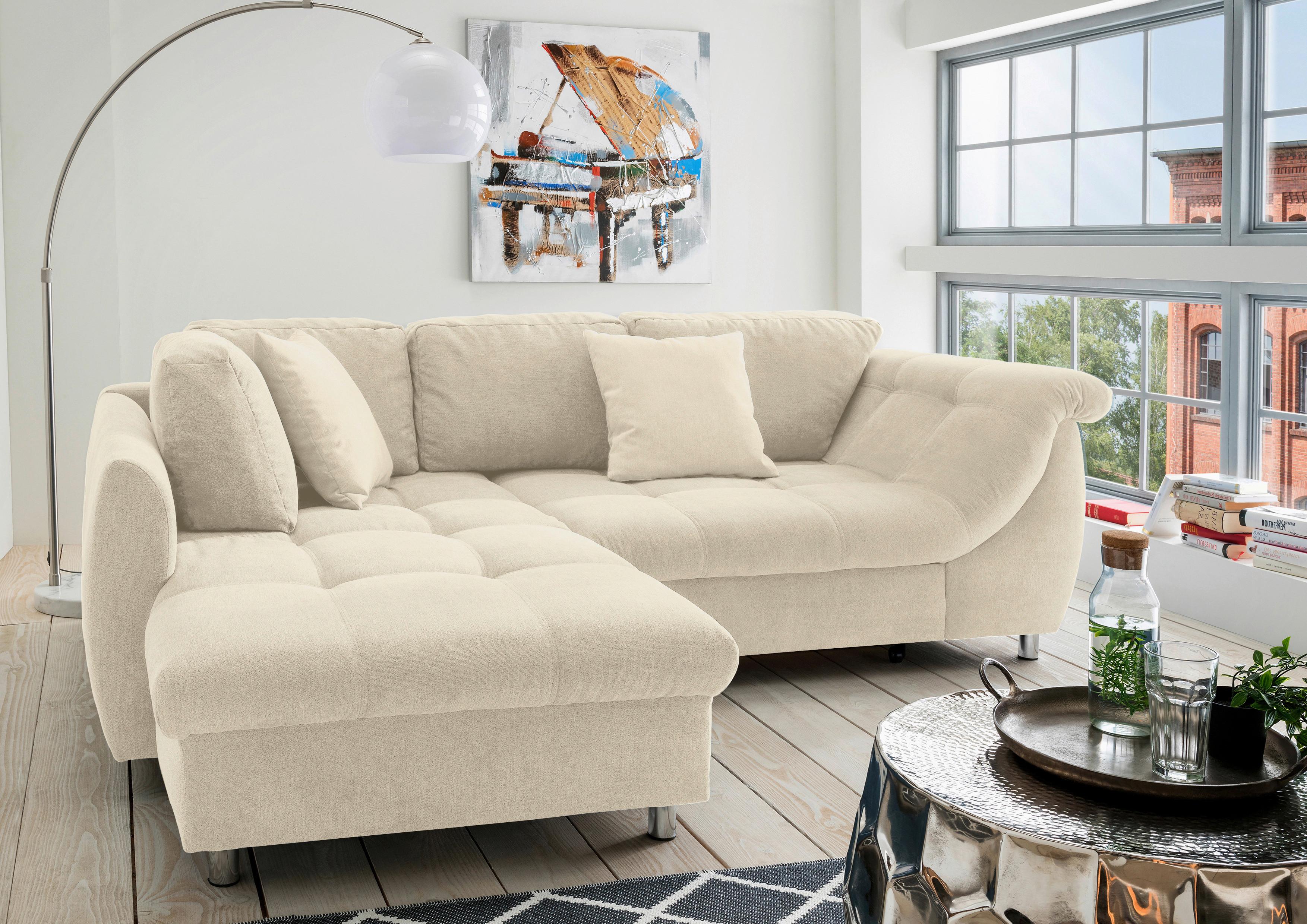 Ecksofa Schlaffunktion Agira mit Kissen Beige - Chromfarben/Beige, Design, Textil (190/250cm) - Livetastic