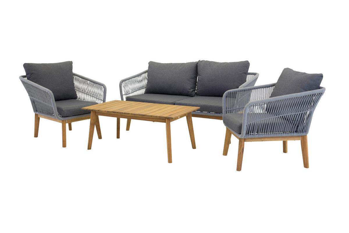 Loungegarnitur 4-Tlg Chania Holz/Metall/Textil mit Kissen - Grau/Akaziefarben, KONVENTIONELL, Holz/Textil (164/75null) - Gardenson