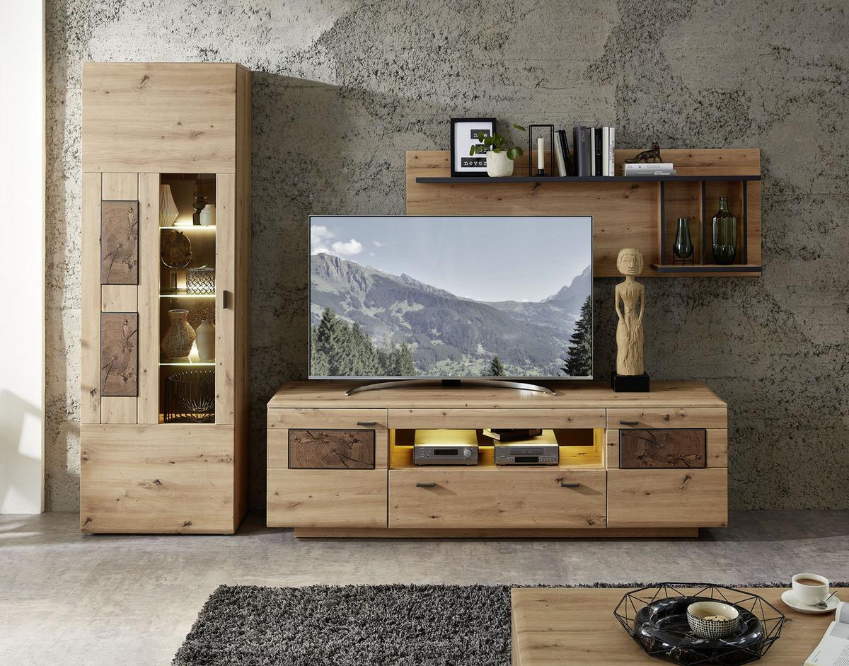 Wohnwand Madera Ii 40a6hh89 - Eichefarben/Graphitfarben, MODERN, Glas/Holzwerkstoff (300/201/47cm) - Livetastic