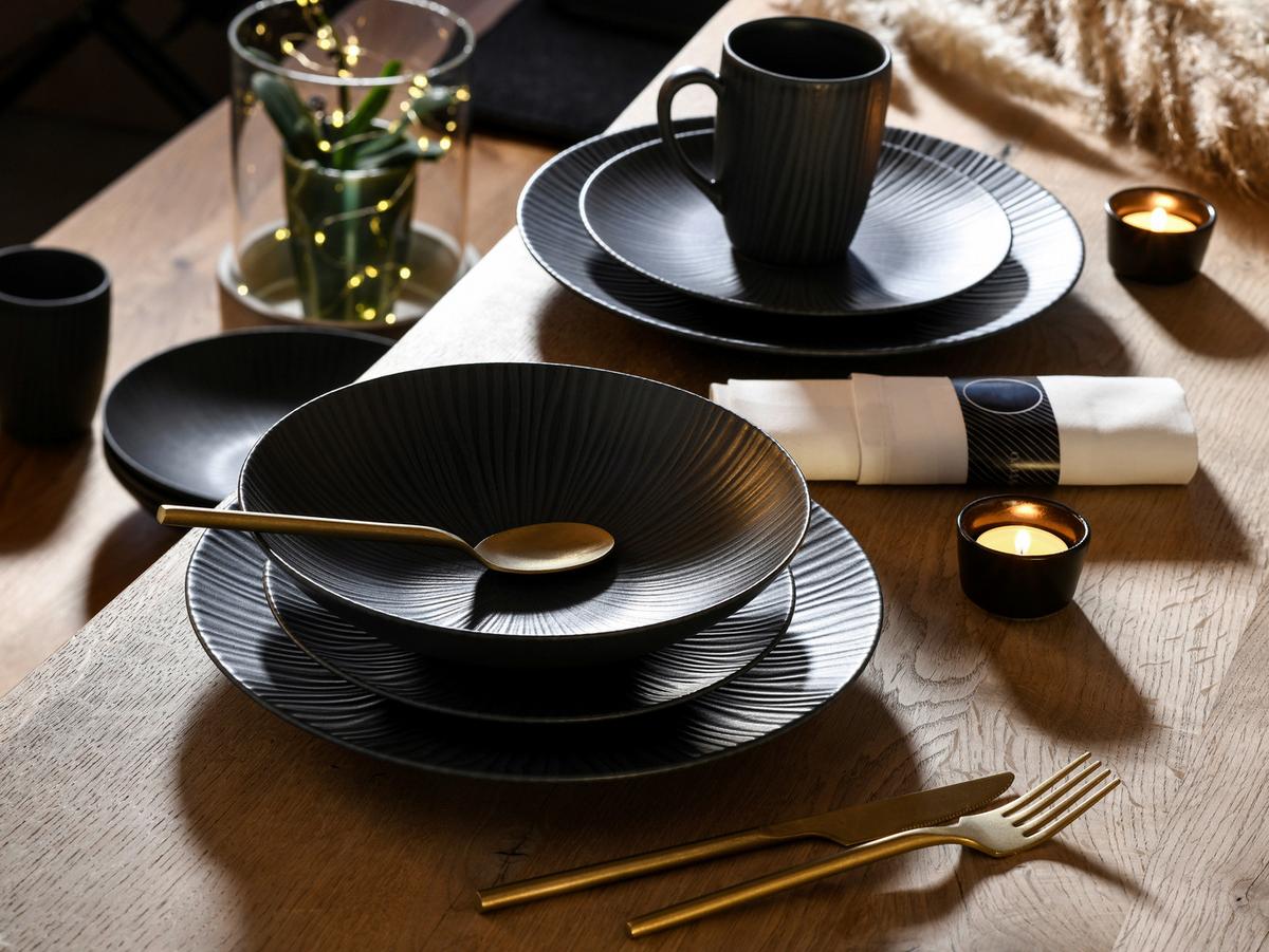 Kombiservice Keramik 4 Personen Geschirr Set - Schwarz/Grau, Trend, Keramik - Creatable