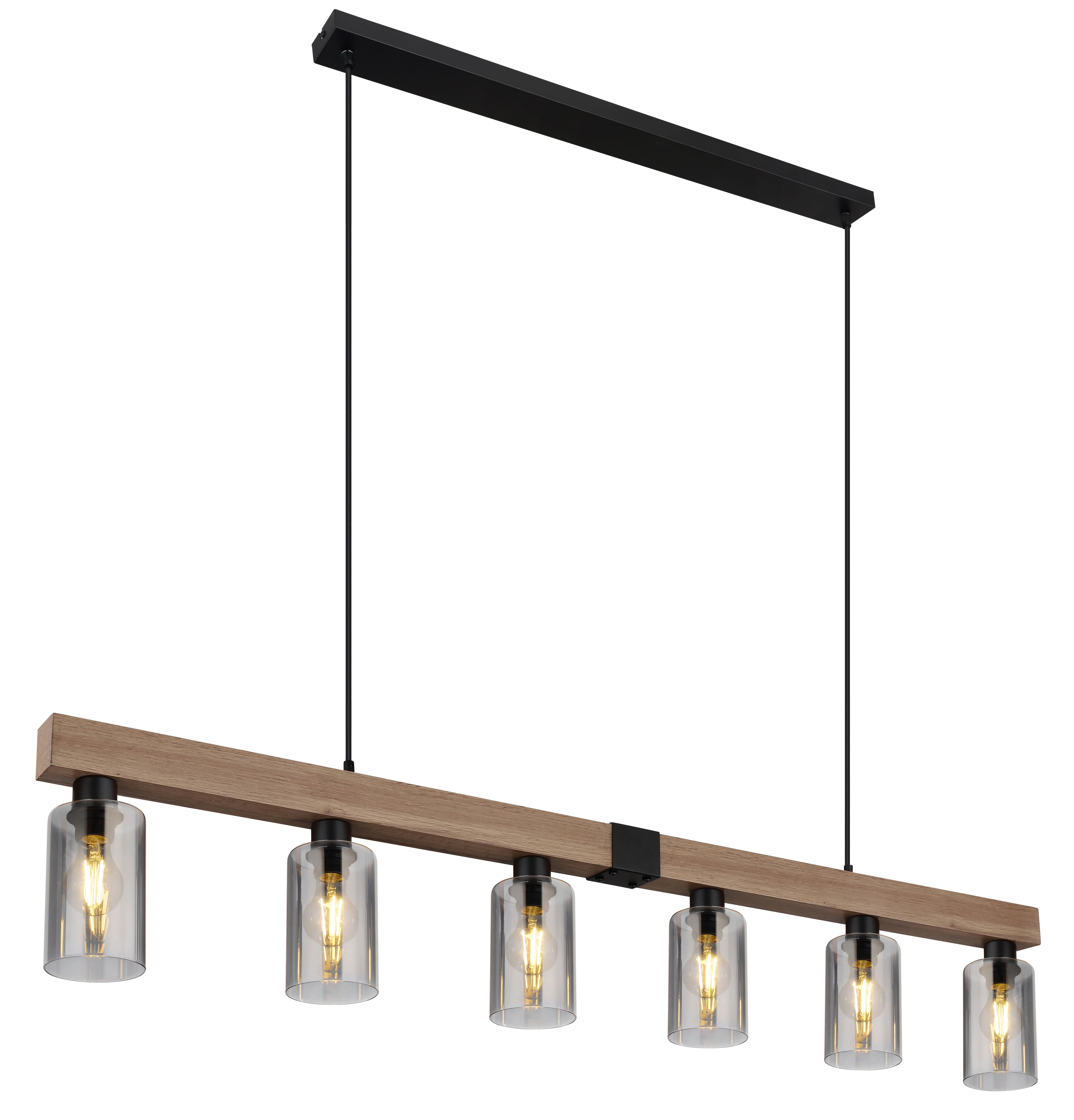 Hängeleuchte Hadera 6-Flammig höhenverstellbar mit Rauchglas - Dunkelbraun/Schwarz, Natur, Glas/Holzwerkstoff (140/10/120cm) - Globo