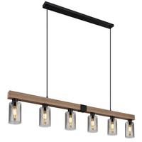 Hängeleuchte Hadera 6-Flammig höhenverstellbar mit Rauchglas - Dunkelbraun/Schwarz, Natur, Glas/Holzwerkstoff (140/10/120cm) - Globo