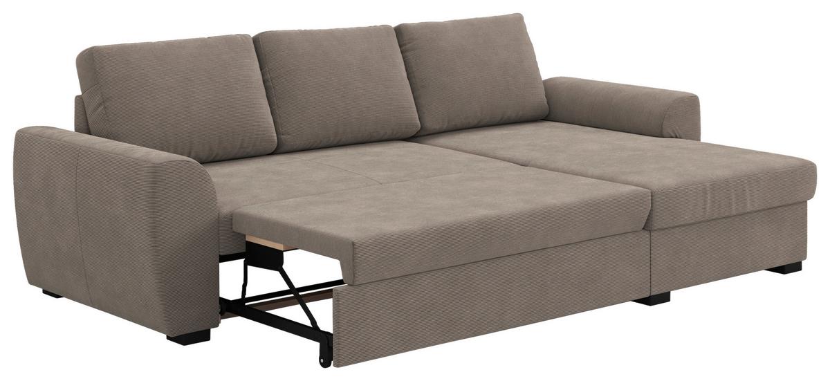 Ecksofa mit Bettfunktion Cord taupe, B: 253cm - Taupe/Schwarz, Trend, Textil (253/154cm) - MID.YOU
