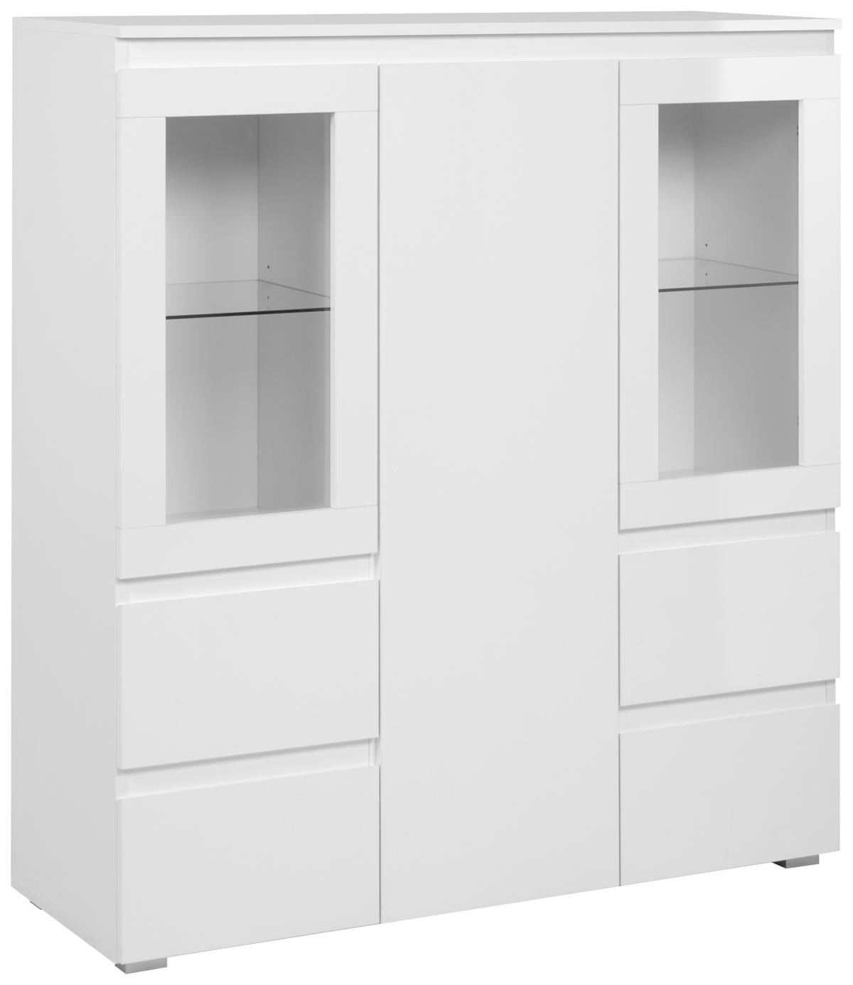 Highboard Capetown Weiß HG B: 116 cm - Weiß Hochglanz/Silberfarben, Trend, Glas/Holzwerkstoff (116/126/40cm)