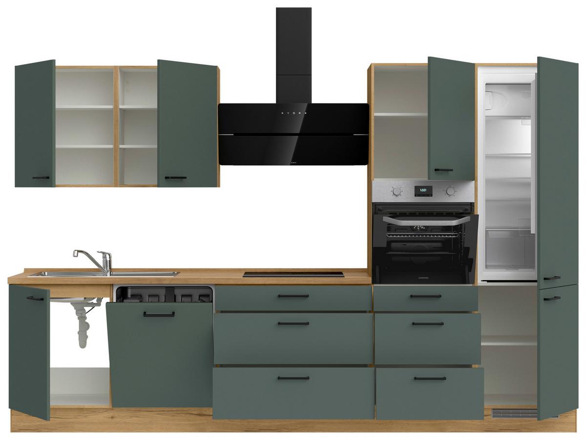 Kuchyňská linka 330 cm, minerální zelená,ultra matná - barvy dubu/černá, Moderní, kov/kompozitní dřevo (330cm) - Nobilia