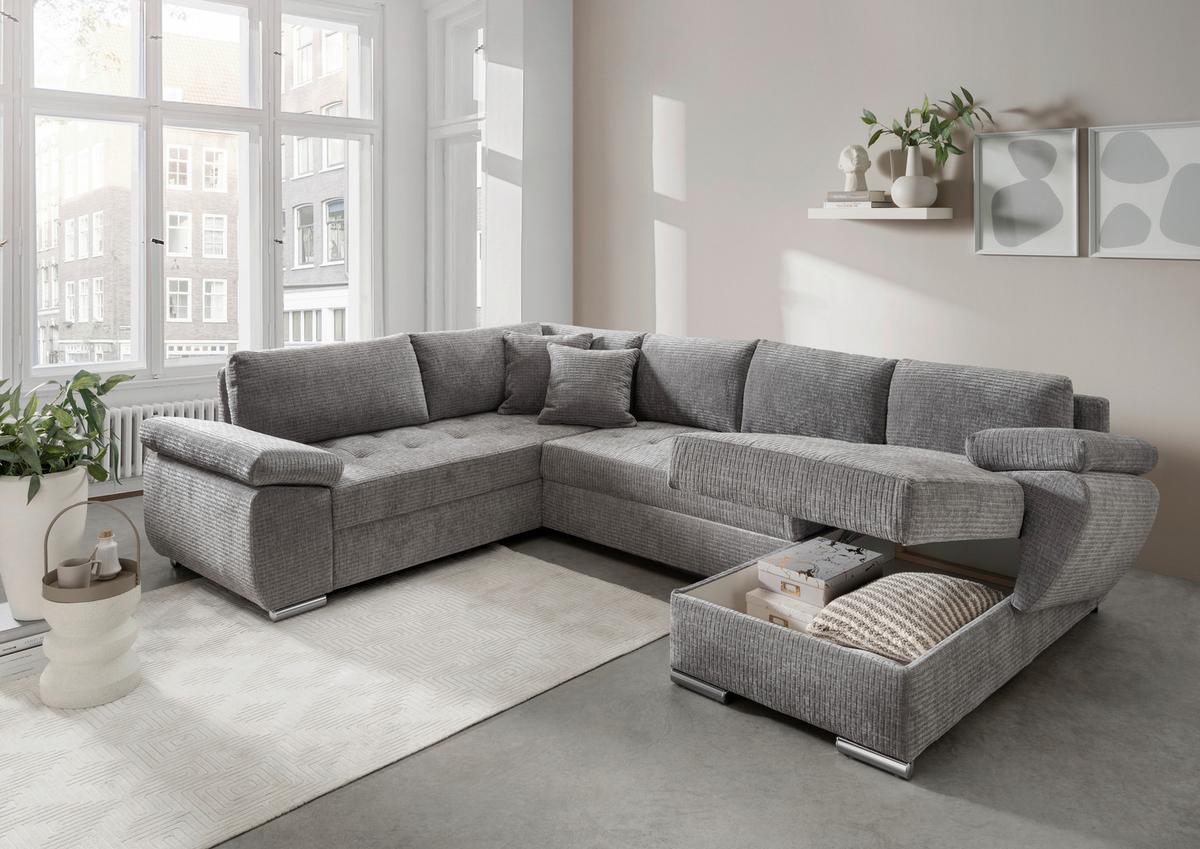 Wohnlandschaft Terana Grau mit Schlaffunktion, Mikrofaser - Chromfarben/Grau, KONVENTIONELL, Textil (219/305/157cm) - Livetastic