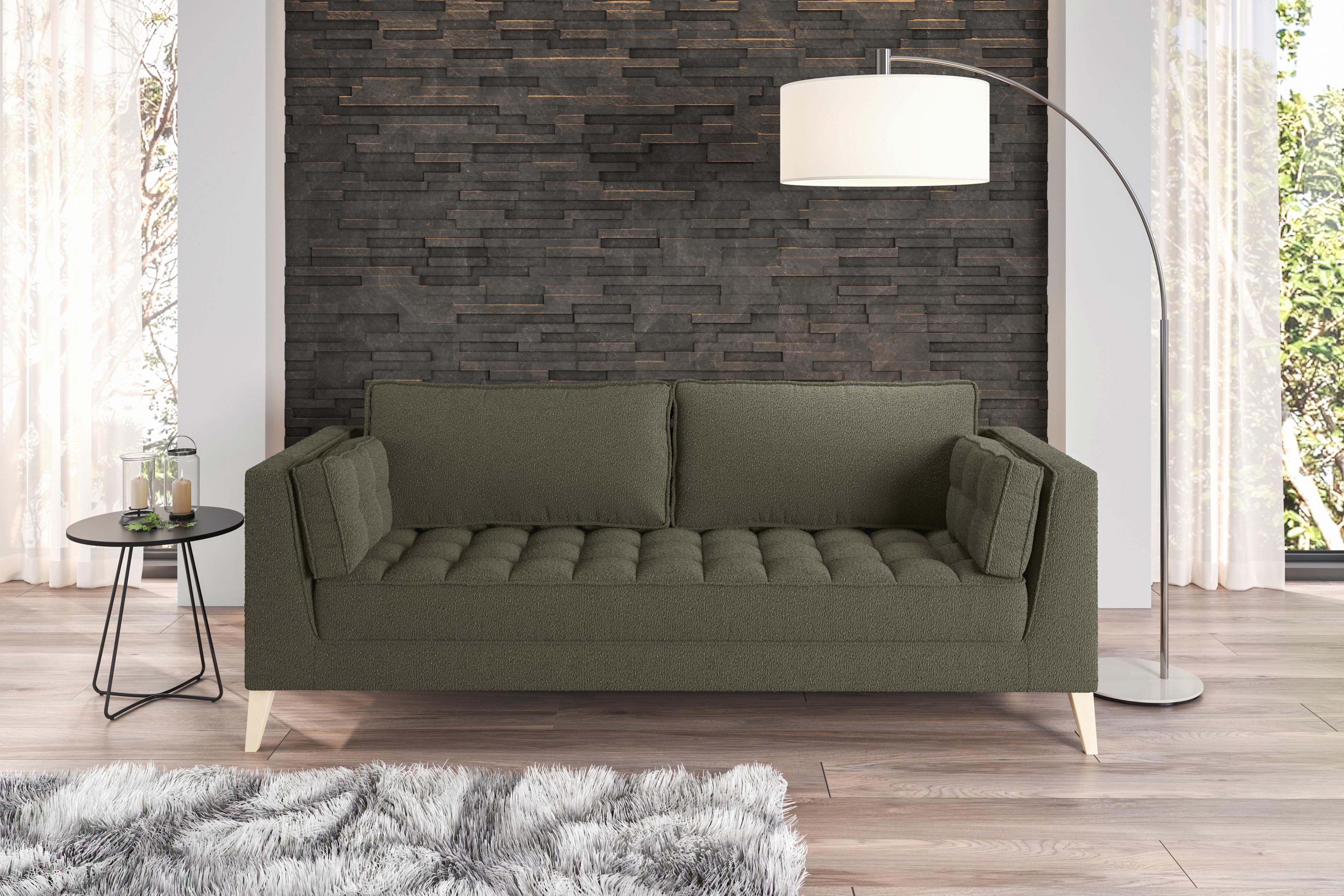 Třímístná pohovka DOTI, tmavě zelená - tmavě zelená/přírodní barvy, Design, kompozitní dřevo/textil (170/95/85cm) - MID.YOU