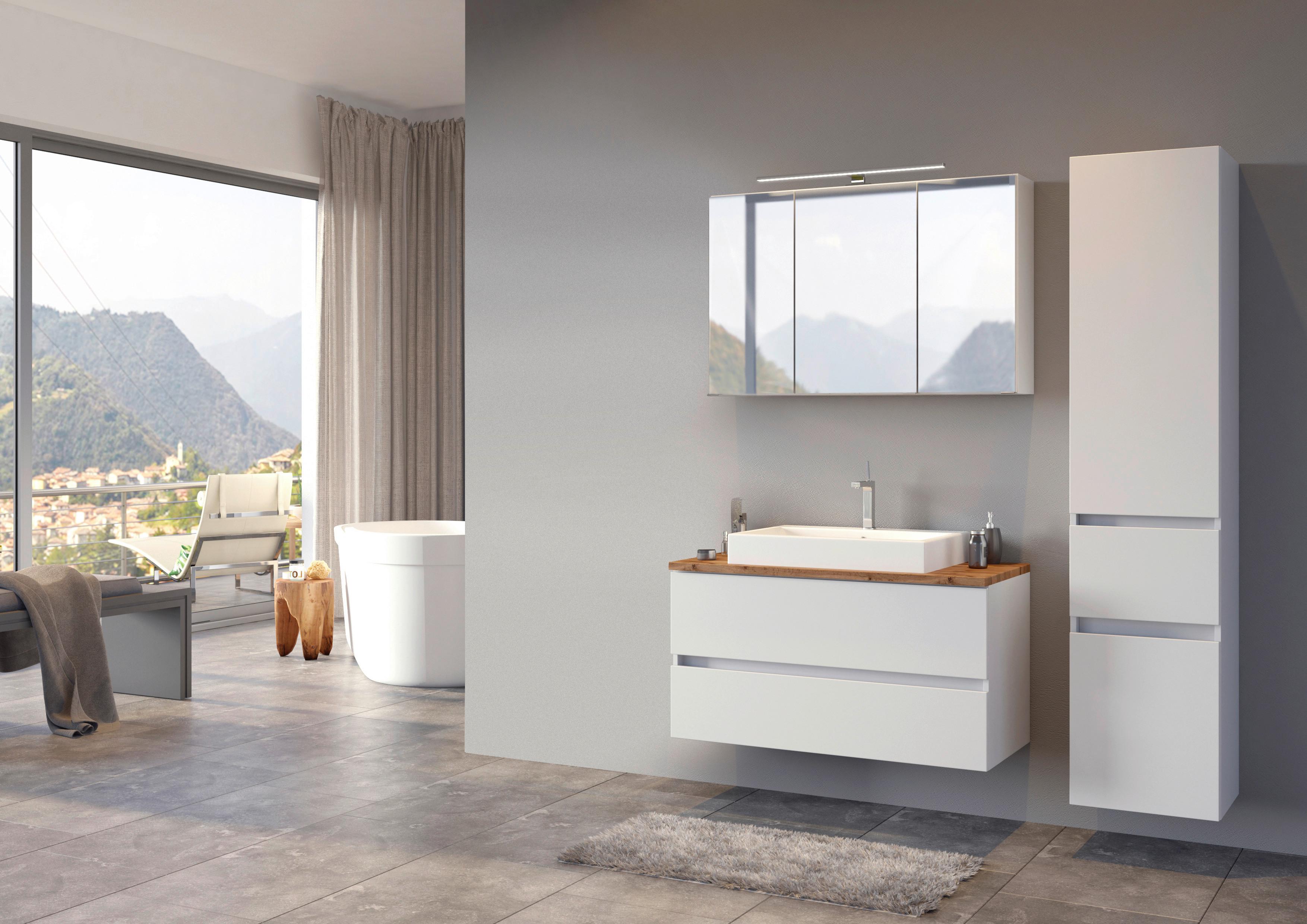 Badmöbel-Set 3-Tlg. inkl. LED Pienza B: 100 cm, Weiß - Eichefarben/Weiß, Basics, Keramik/Holzwerkstoff (100cm) - Held