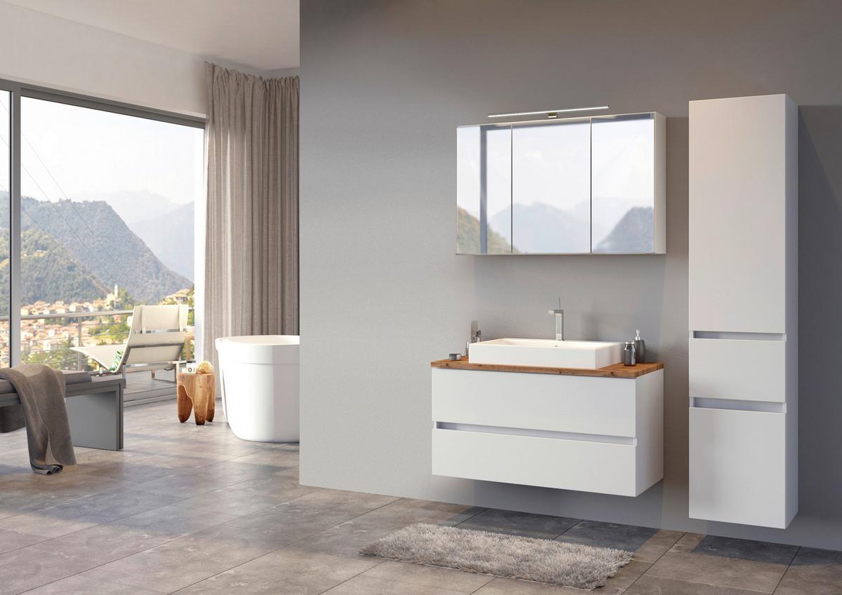 Badmöbel-set 3-tlg. Inkl. Led Pienza B: 100 Cm, Weiß - Eichefarben/Weiß, Basics, Keramik/Holzwerkstoff (100cm) - Held