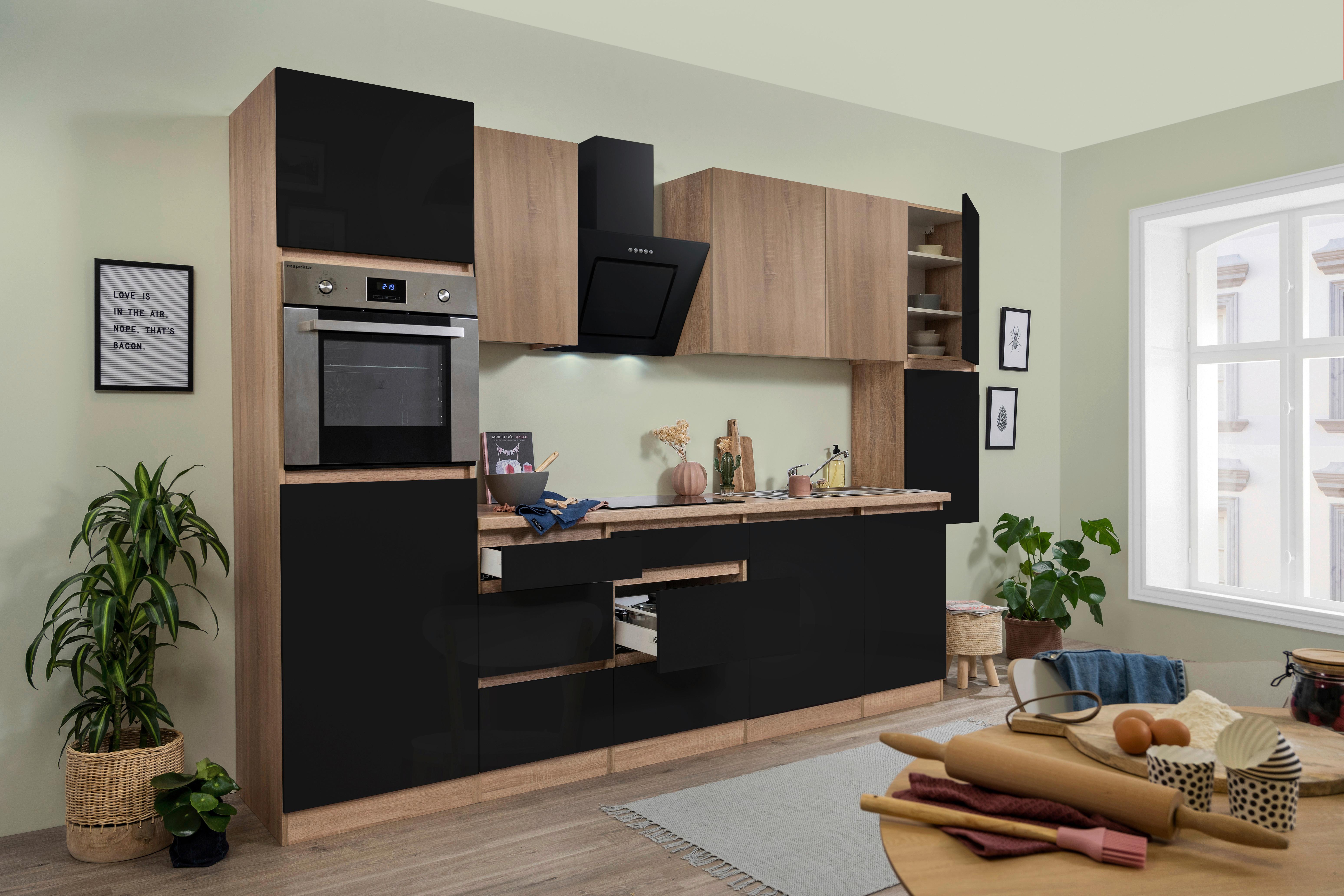 Küchenzeile Premium mit Geräten 330 cm Schwarz/Eiche Dekor - Schwarz Hochglanz/Eichefarben, Basics, Holzwerkstoff (330cm) - Respekta