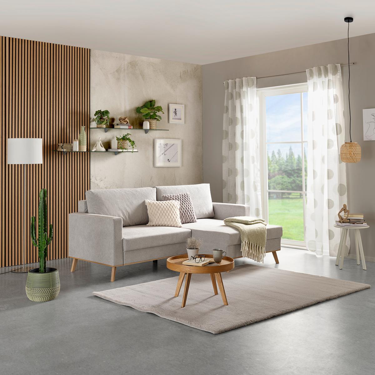 Rohová sedačka CARINI, oboustranná, světle šedá - barvy dubu/světle šedá, Basics, dřevo/textil (222/152cm)