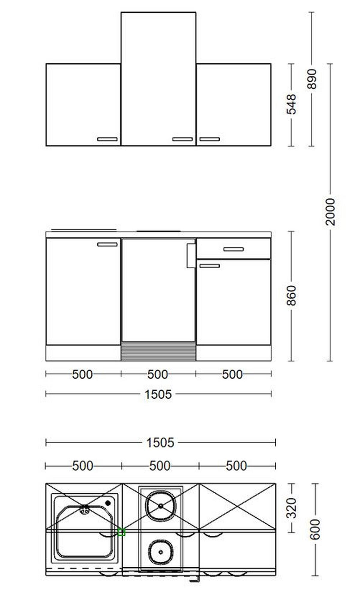 Küchenblock Valero G-150-1002-000 - Weiß Hochglanz/Sonoma Eiche, MODERN, Holzwerkstoff (150,5cm) - FlexWell