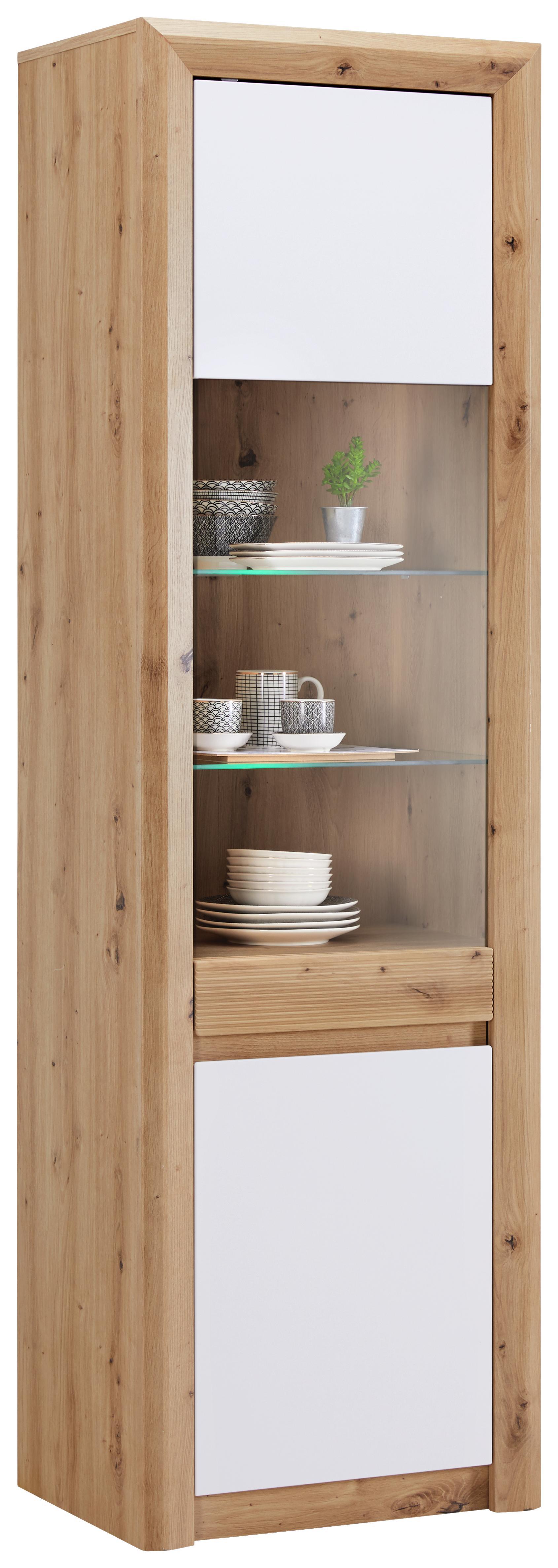 Vitrine Eiche Dekor & Weiß mit Glaseinsatz Wandschrank Wandgarderobe Wandvitrine weiss Wandregal