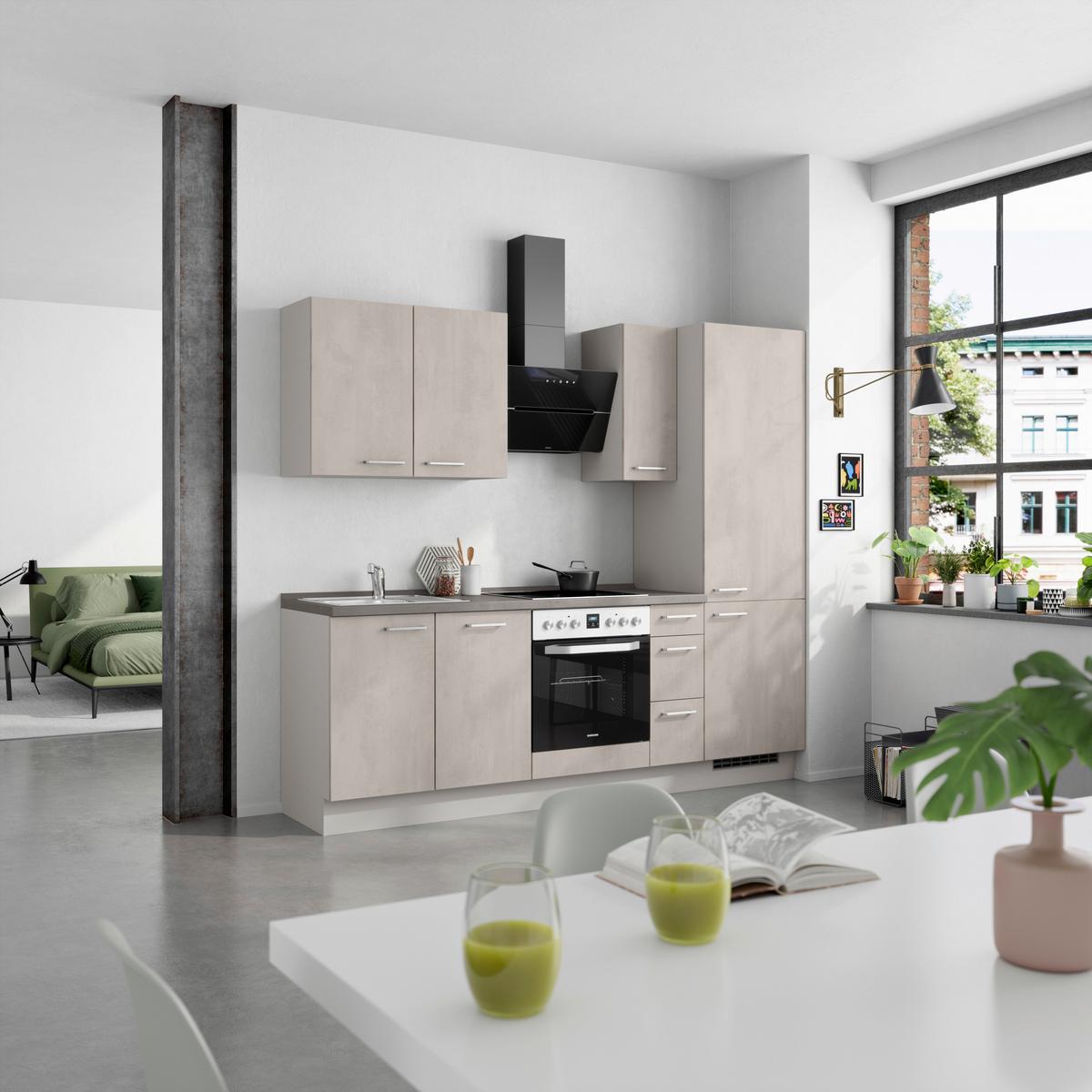 Kuchynská linka 240cm, šedý betón/ kamenná šedá - sivá/farba ušľachtilej ocele, Modern, kov/kompozitné drevo (240cm) - Nobilia