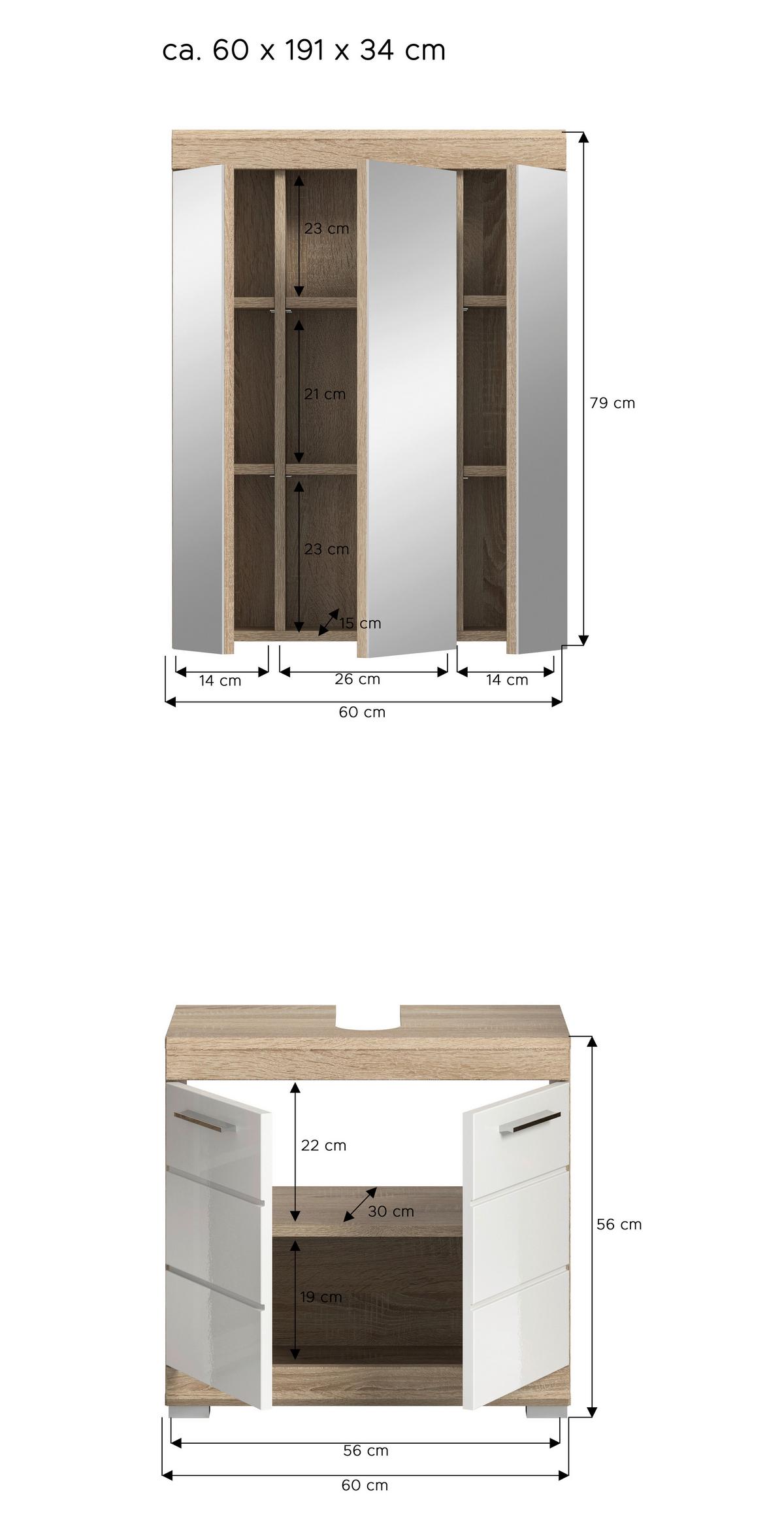 Badezimmer Lambada Eiche Dekor/weiß B: 60 Cm - Weiß Hochglanz/Silberfarben, MODERN, Glas/Holzwerkstoff (60cm) - MID.YOU