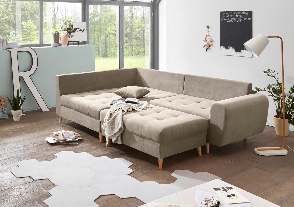 Ecksofa Mit Holzfüßen + Kissen Alice, Webstoff - Sandfarben/Kieferfarben, KONVENTIONELL, Holzwerkstoff/Textil (175/249cm) - MID.YOU