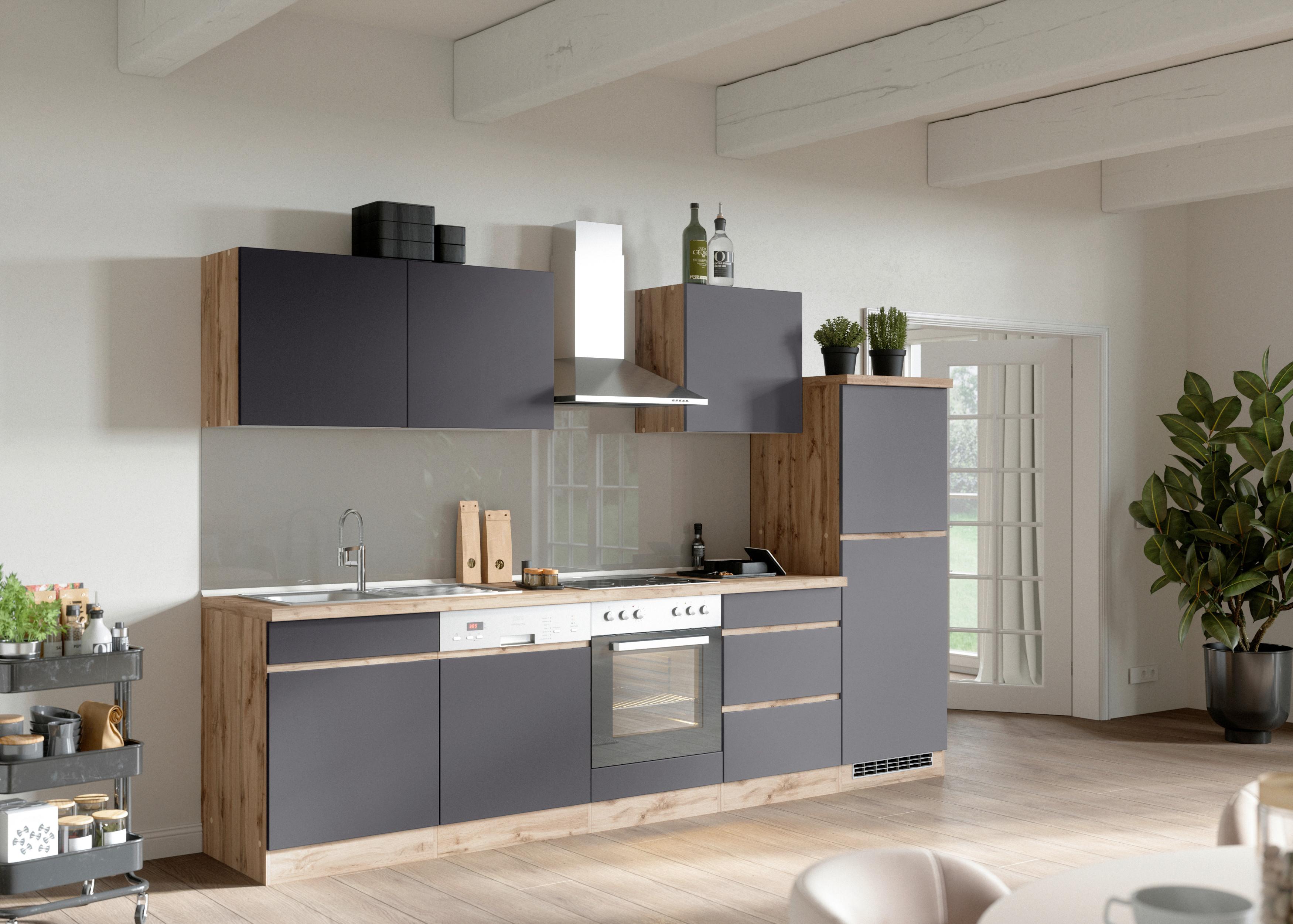 Küchenzeile Turin mit Geräten B: 300cm Grau/Wotaneiche Dekor - Eiche Wotan/Grau, Design, Holzwerkstoff (300cm) - Held