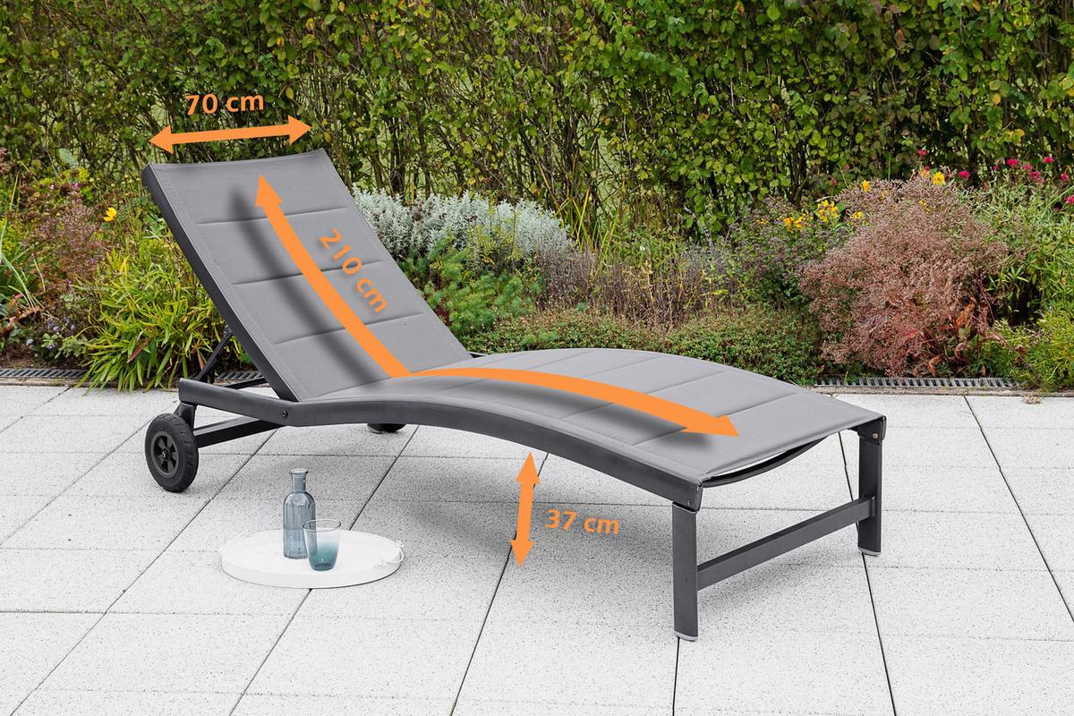 Sonnenliege San Marino Metall/ Textil verstellbar mit Räder - Graphitfarben/Grau, KONVENTIONELL, Textil/Metall (70/37,5/207cm) - Gardenson