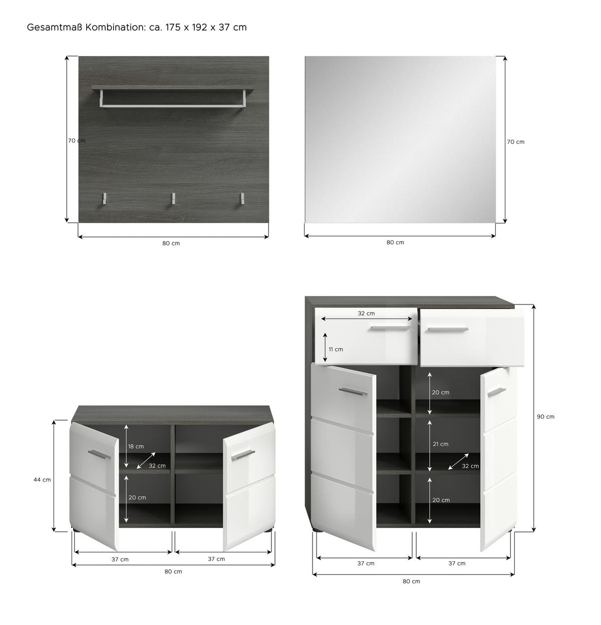 Garderobe Salsa Weiß/Rauchsilber B: 175 cm - Weiß Hochglanz, Design, Glas/Holzwerkstoff (175/192/37cm) - MID.YOU
