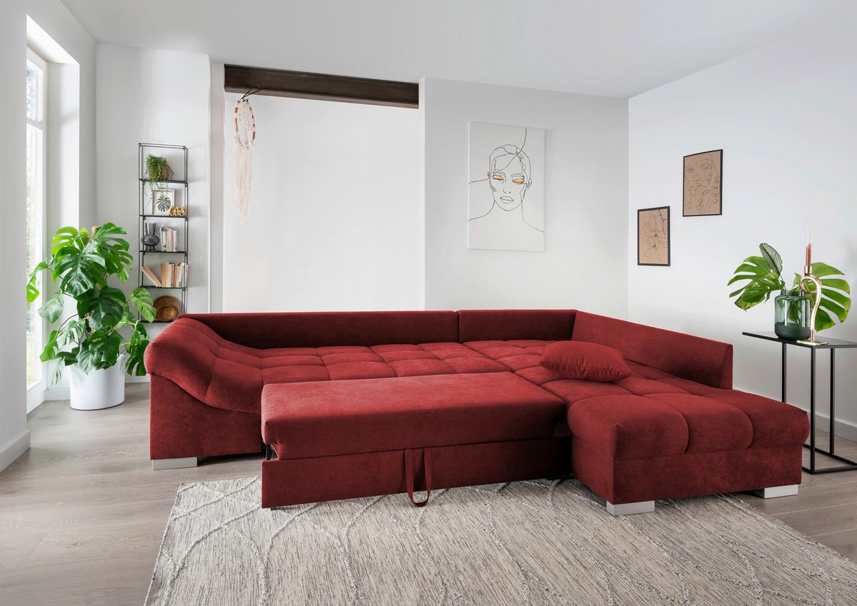 Eckschlafsofa Alvito Rot S: 298/202 Cm - Rot/Silberfarben, Design, Textil (298/202cm) - MID.YOU