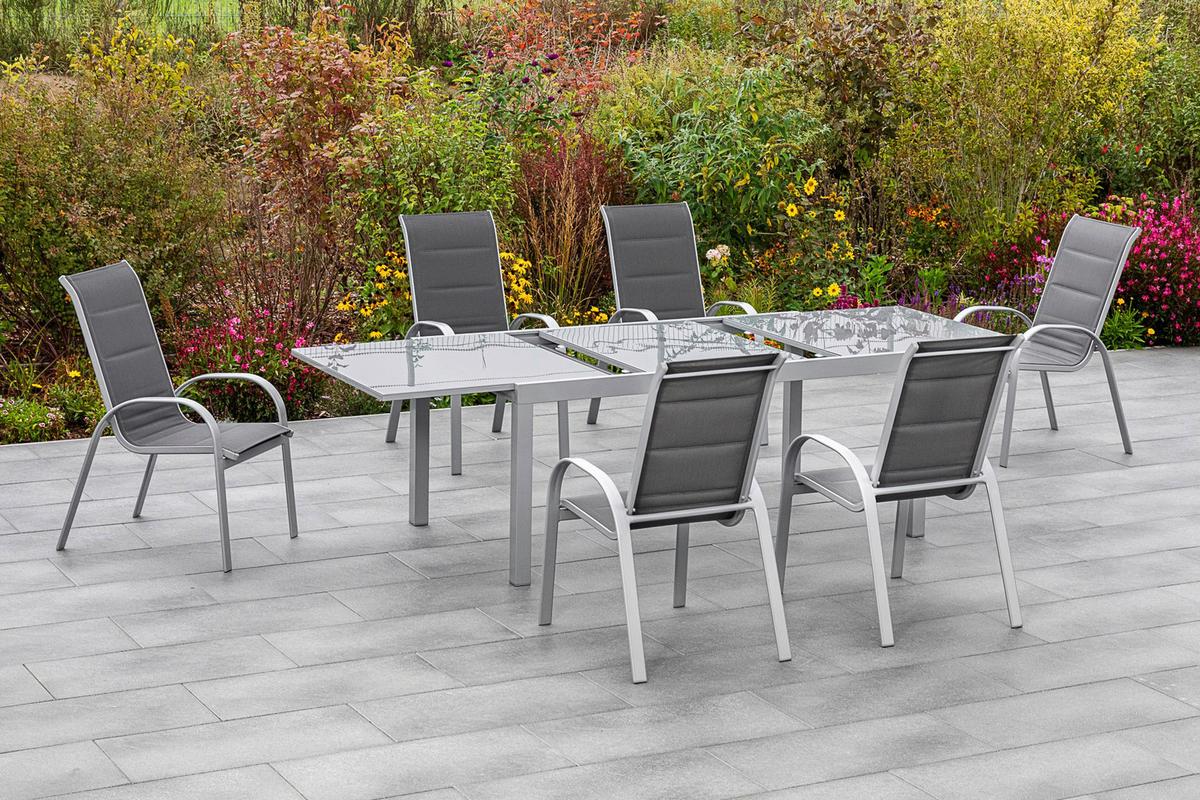 Gartenmöbel Set 7-Tlg Amalfi Di Lusso Metall/Glas/Textil - Anthrazit/Silberfarben, KONVENTIONELL, Glas/Textil - Gardenson