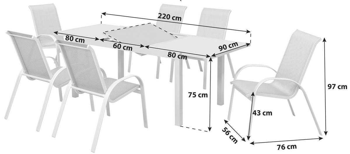 Gartengarnitur 7--Teilig. Amalfi Metall/Textil ausziehbar - Silberfarben/Schwarz, ROMANTIK / LANDHAUS, Glas/Textil - Gardenson