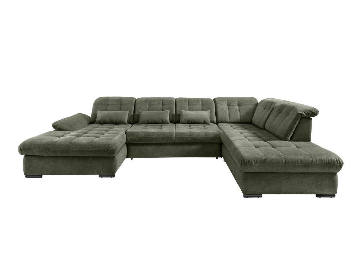 Wohnlandschaft mit Bettkasten Rigatti Dunkelgrün B: 387 cm - Dunkelgrün/Schwarz, MODERN, Textil (184/387/252cm) - Livetastic