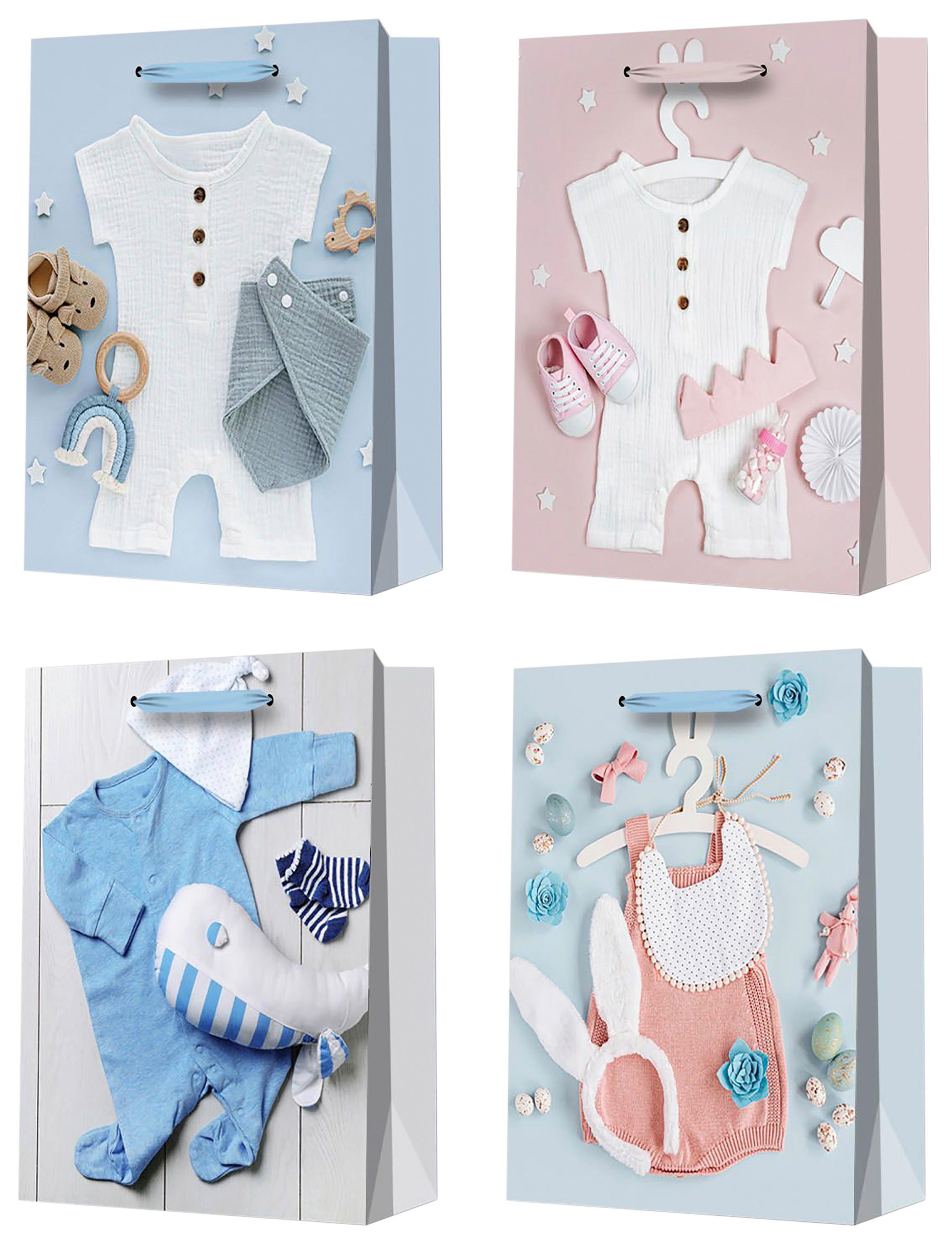 Geschenktasche Geburtstag Baby Karton 26x32 cm mit Tragegriff - Blau/Hellrosa, Basics, Karton (26/32/10cm)