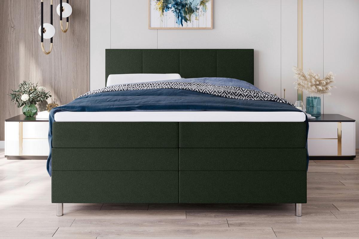 Boxspringbett mit Topper und Bettkasten 180x200 cm Messina - Chromfarben/Grün, KONVENTIONELL, Textil (180/200cm)
