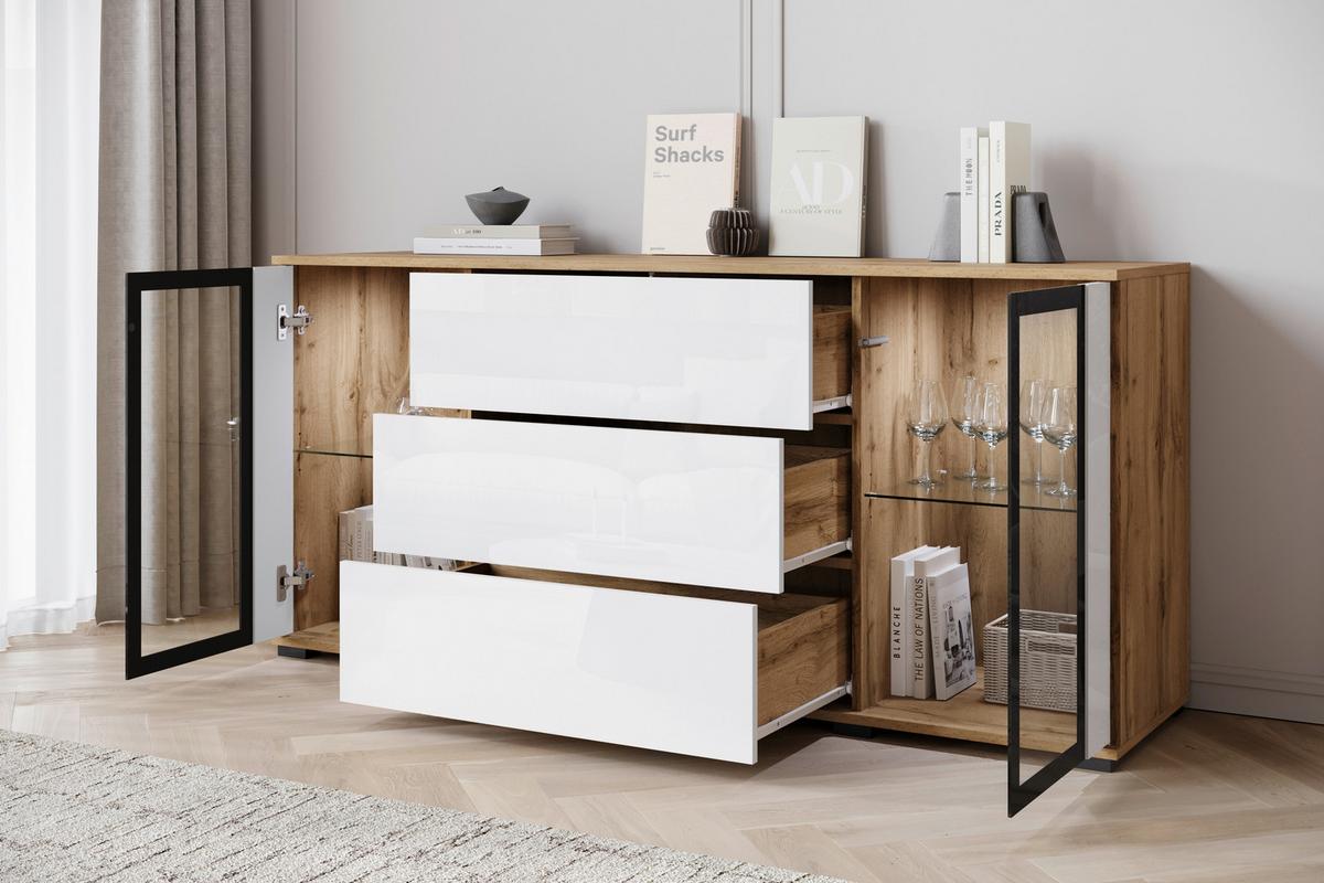 Kommode Caro Eiche Wotan/Weiß Hg B: 150 cm - Weiß Hochglanz/Eiche Wotan, Design, Glas/Holzwerkstoff (150/69,7/39,5cm) - Livetastic