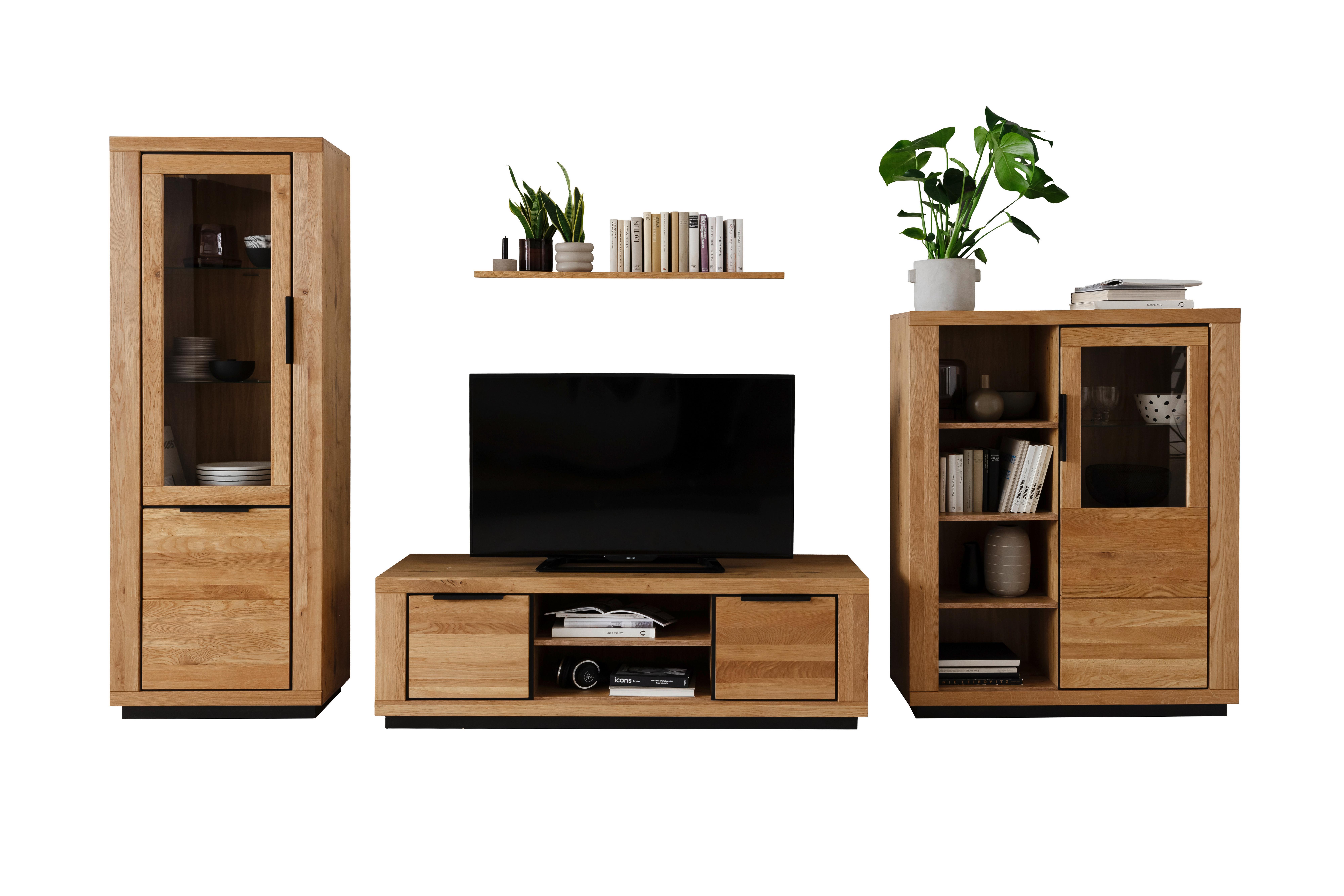 Wohnwand Wildeiche, B: 387 cm - Wildeiche/Schwarz, Design, Glas/Holz (387/200/54cm) - MID.YOU