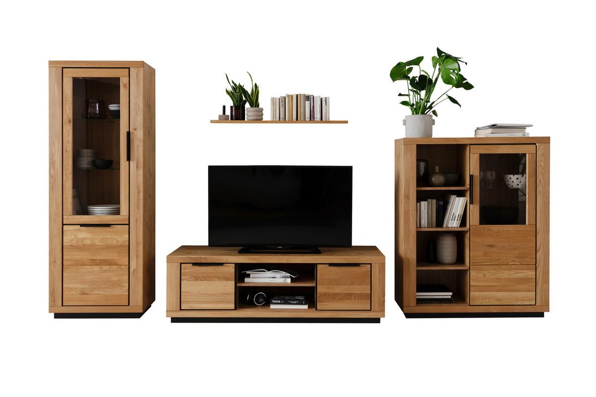 Wohnwand Wildeiche, B: 387 Cm - Wildeiche/Schwarz, Design, Glas/Holz (387/200/54cm) - MID.YOU