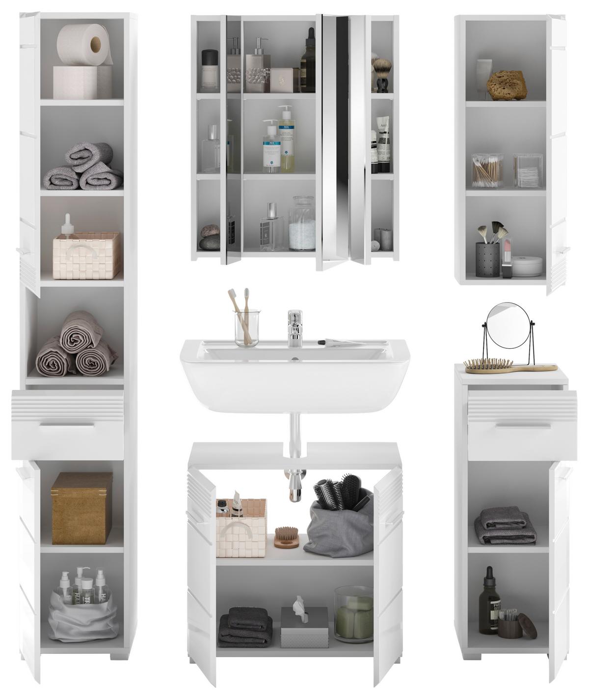 Badezimmer Linus Weiß Hochglanz B: 120 cm - Weiß Hochglanz/Silberfarben, MODERN, Glas/Holzwerkstoff (120cm) - MID.YOU