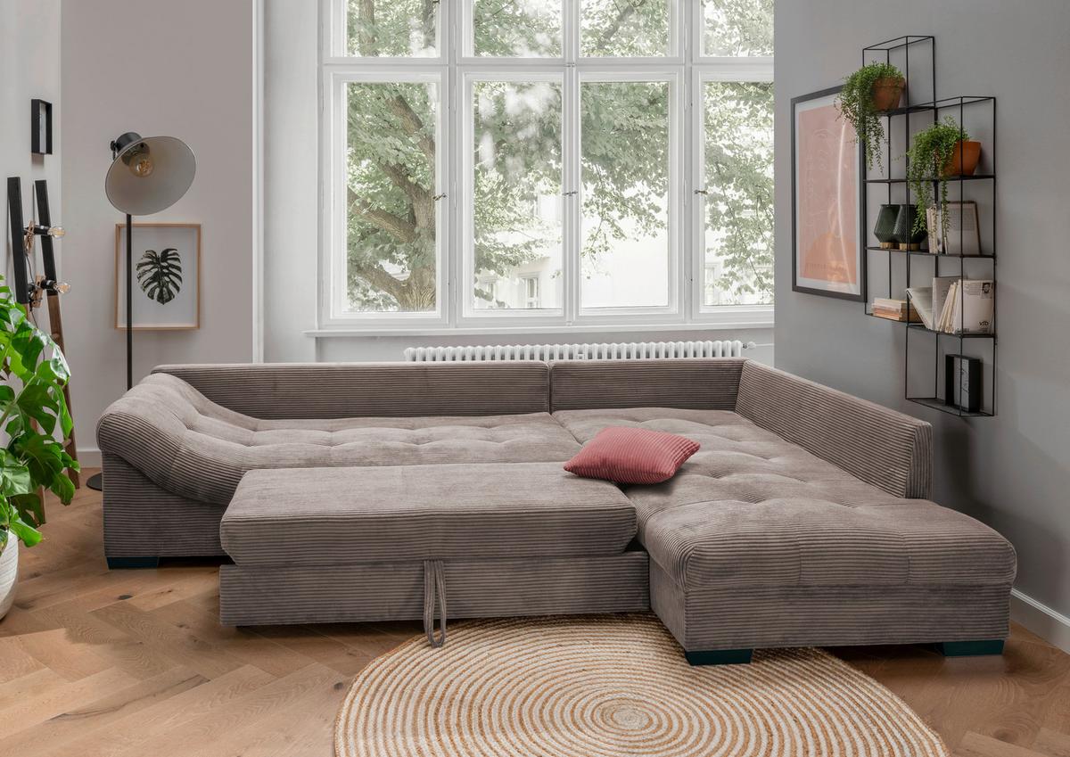 Rohová sedačka ALVITO, pravá, sivohnedý menčester - hnedá/koralová, Design, drevo/textil (298/202cm) - MID.YOU