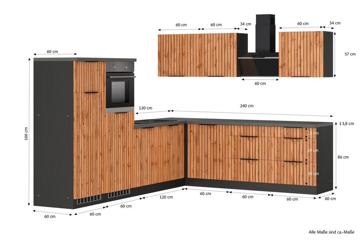 Eckküche Liverpool Graphit/ Eiche Dekor S: 300x240 cm - Schieferfarben/Eiche Wotan, Basics, Holzwerkstoff (300/240cm) - Held
