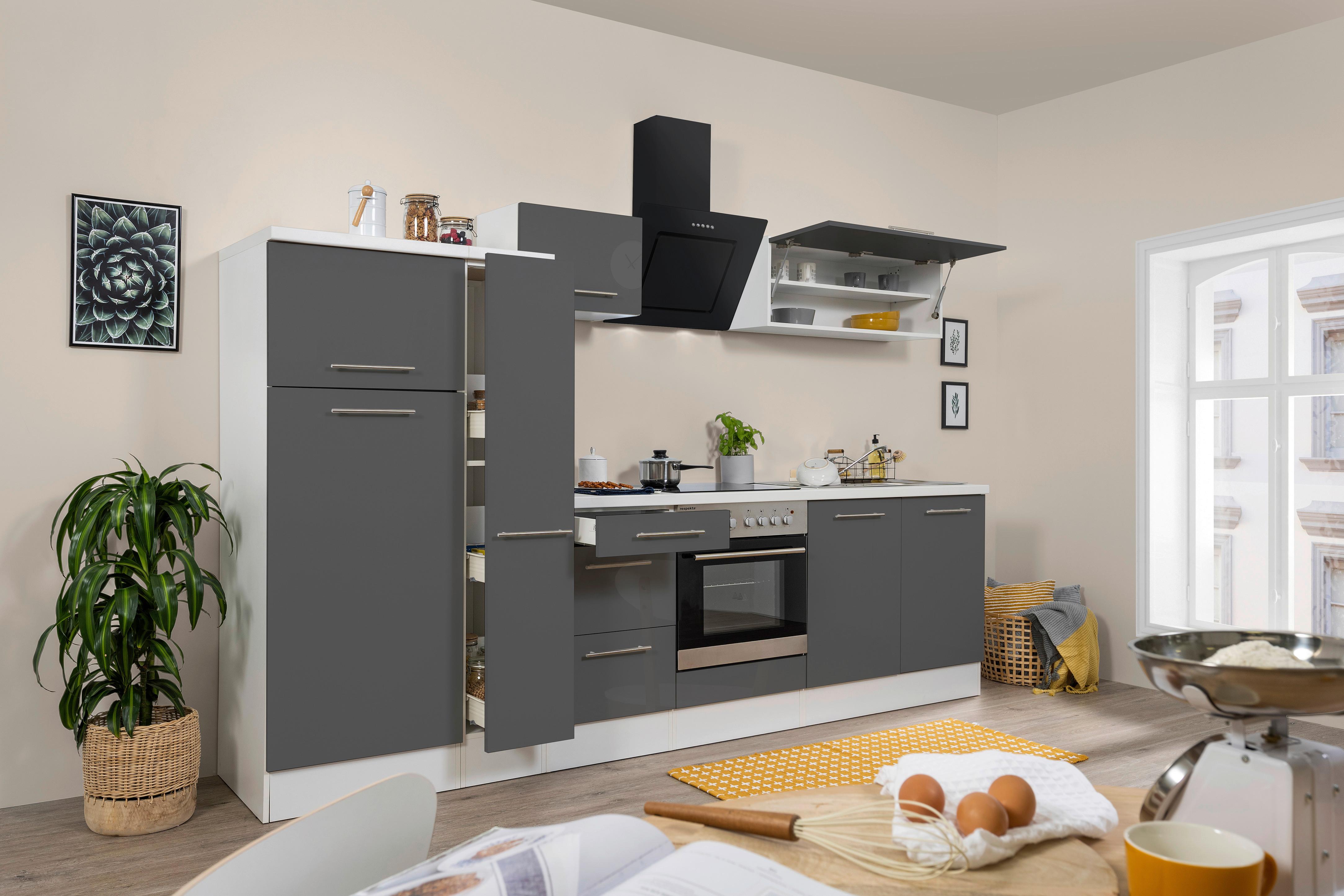 Küchenzeile mit Geräten 300 cm Grau/Weiß - Weiß/Grau, KONVENTIONELL, Holzwerkstoff (300cm) - Respekta